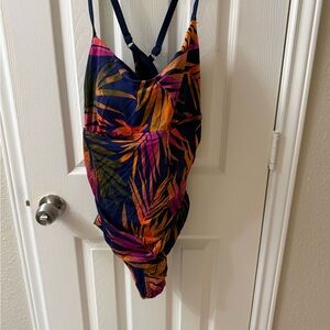 Time and Tru Navy and Orange Tropical One Piece Swimsuit